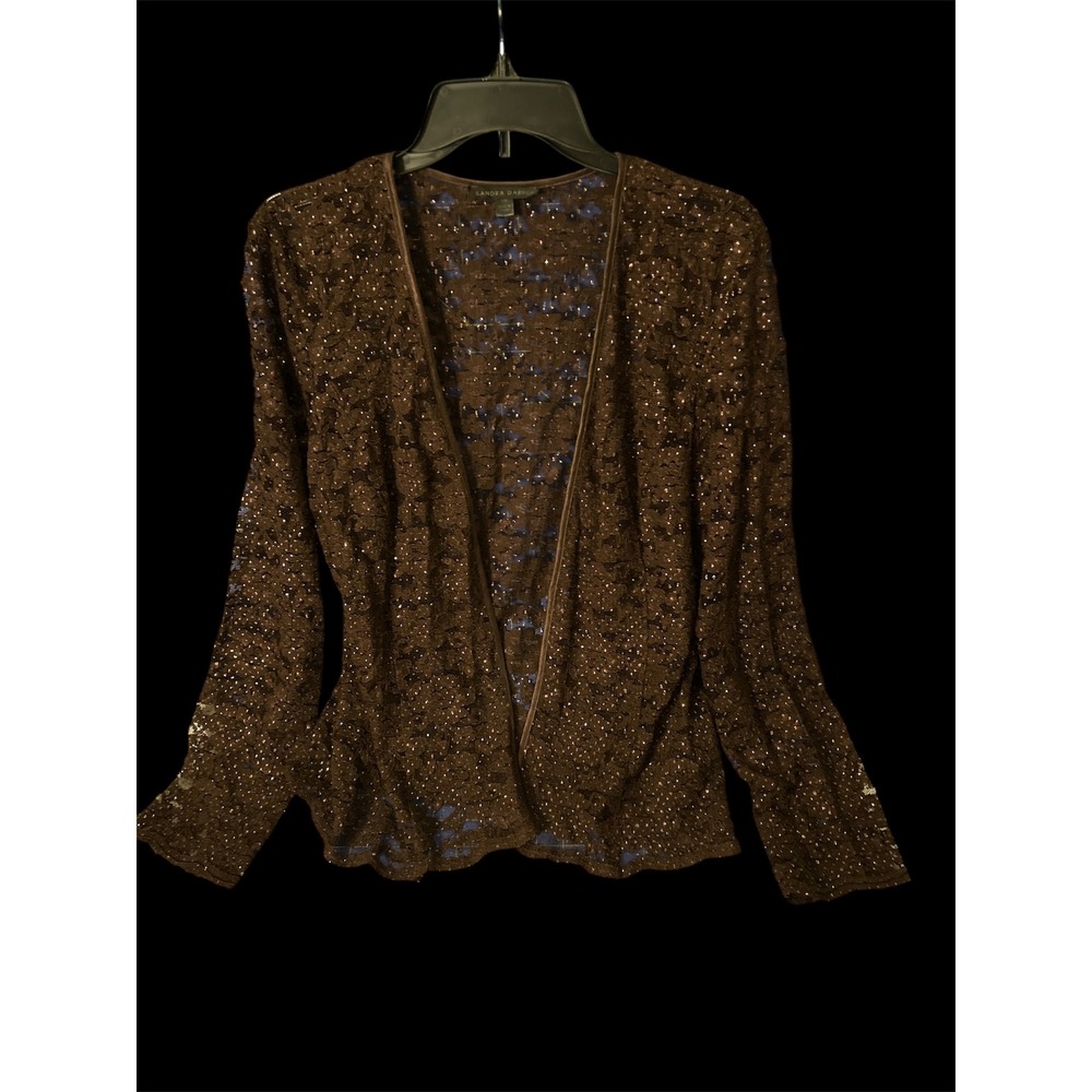 Sandra Darren cottagecore Floral Lace Metallic Shimmer open Front CardiganSz14
